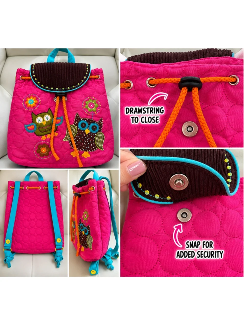 Stephen Joseph Owl Backpack Pink Quilted Drawstring Kids Preschool Daycare Bag